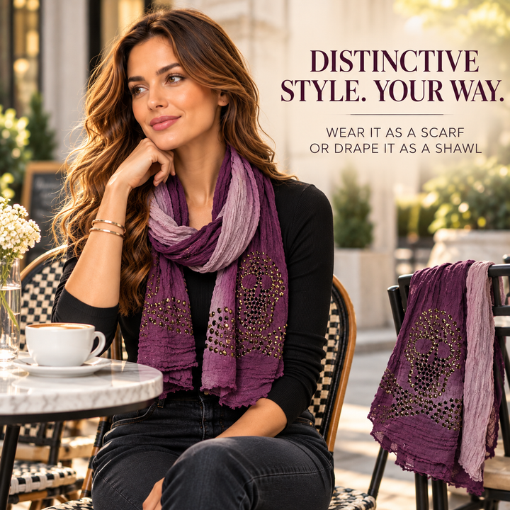 Peach Couture Womens Vintage Cotton Crinkled Ombrè Skull Studded Scarf Shawl Wrap Purple