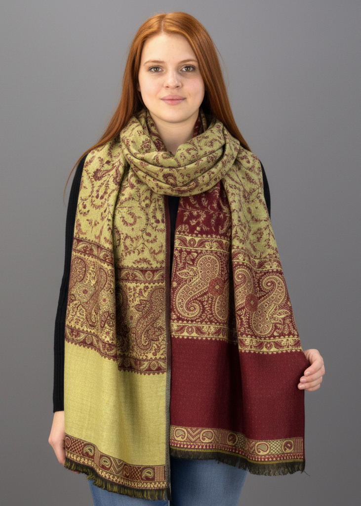 Maroon and red reversible paisley pashmina shawl with thick 4-ply weave and fringe detail.