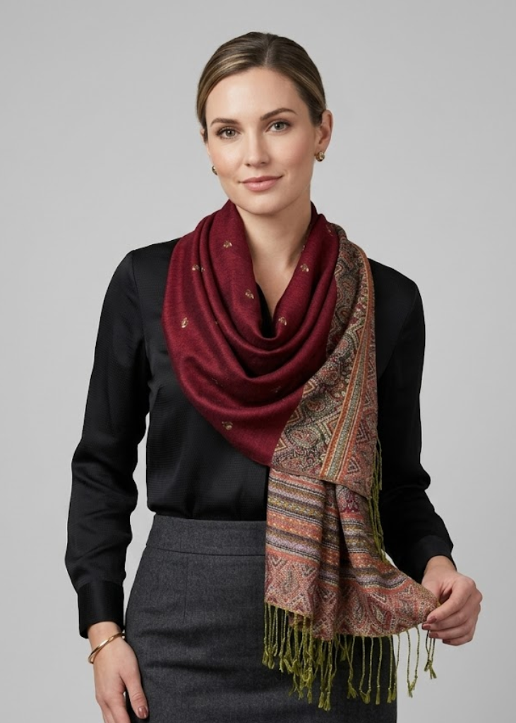 Maroon ethnic design bohemian pashmina shawl with reversible tribal border pattern.