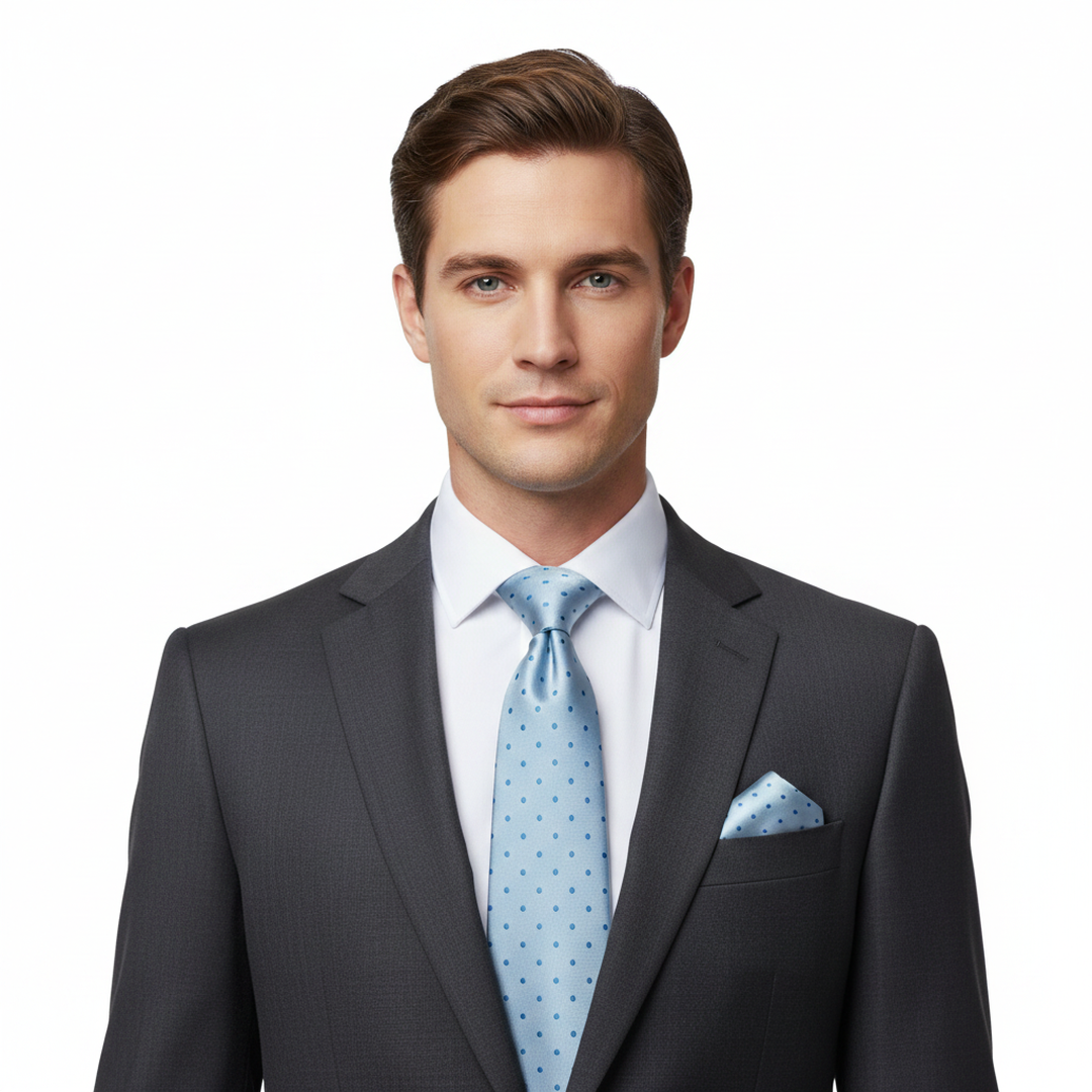 Men's Baby Blue and Turquoise Polka Dot Tie Set with Cufflinks and Pocket Square