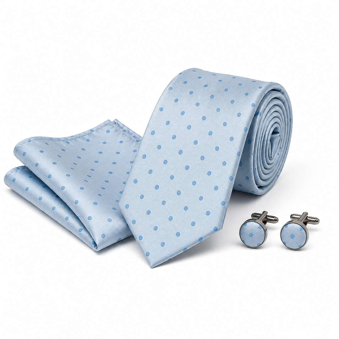 Men's Baby Blue and Turquoise Polka Dot Tie Set with Cufflinks and Pocket Square