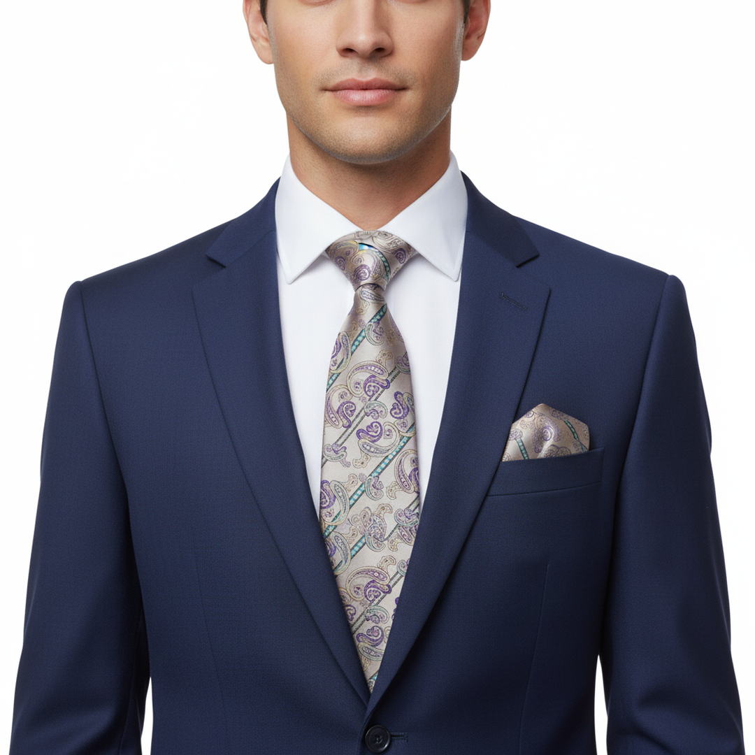 Men's Beige and Purple Paisley Tie Set with Cufflinks and Pocket Square