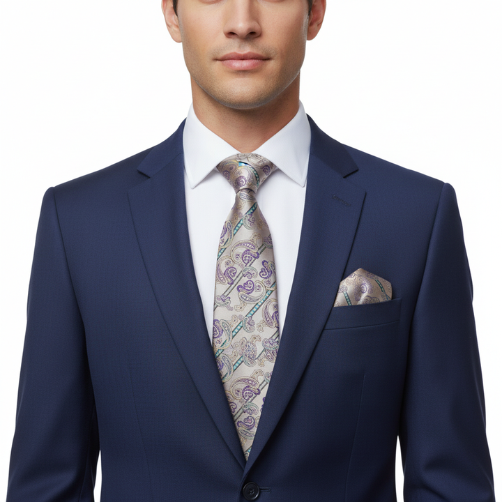 Men's Beige and Purple Paisley Tie Set with Cufflinks and Pocket Square