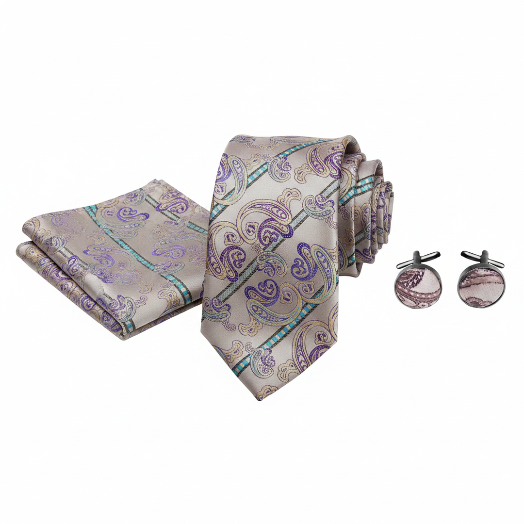 Men's Beige and Purple Paisley Tie Set with Cufflinks and Pocket Square