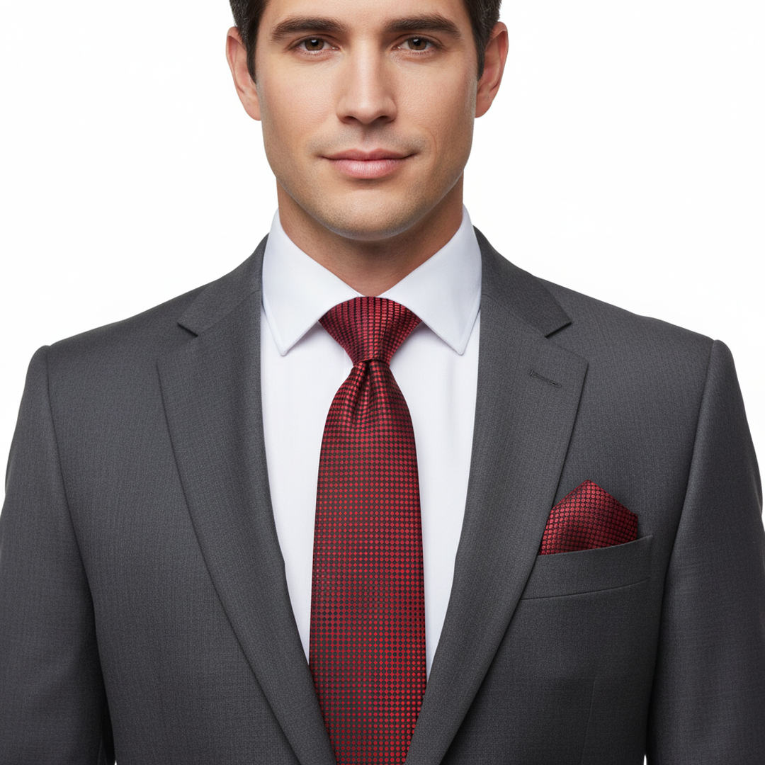 Men's Black and Red Polka Dot Tie Set with Cufflinks and Pocket Square