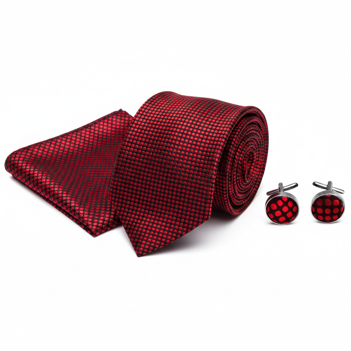 Men's Black and Red Polka Dot Tie Set with Cufflinks and Pocket Square