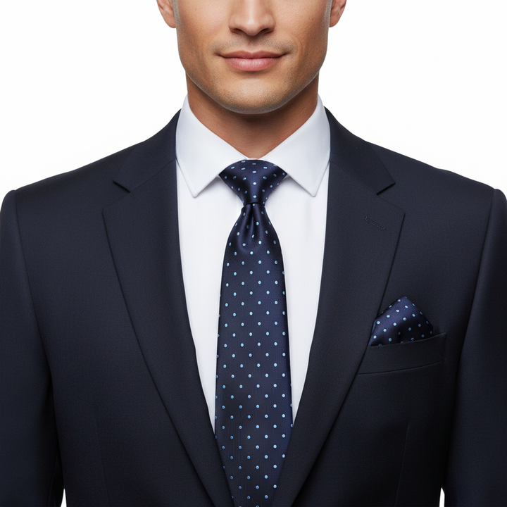 Men's Blue Navy Polka Dot Tie Set with Cufflinks and Handkerchief