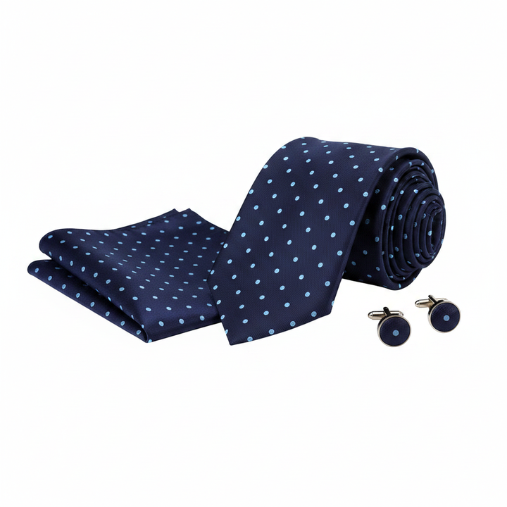 Men's Blue Navy Polka Dot Tie Set with Cufflinks and Handkerchief