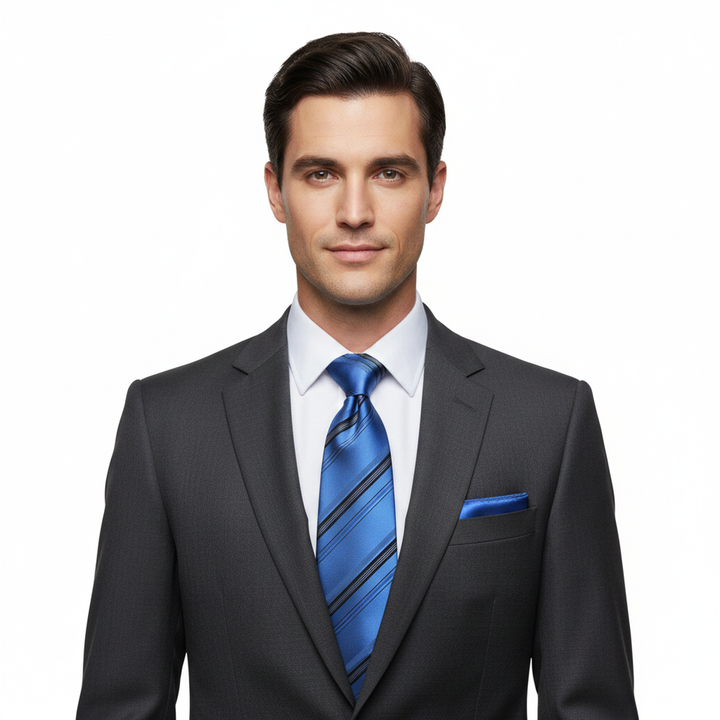 Men's Blue and Brown Striped Tie Set with Cufflinks and Pocket Square