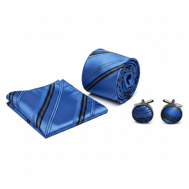 Men's Blue and Brown Striped Tie Set with Cufflinks and Pocket Square