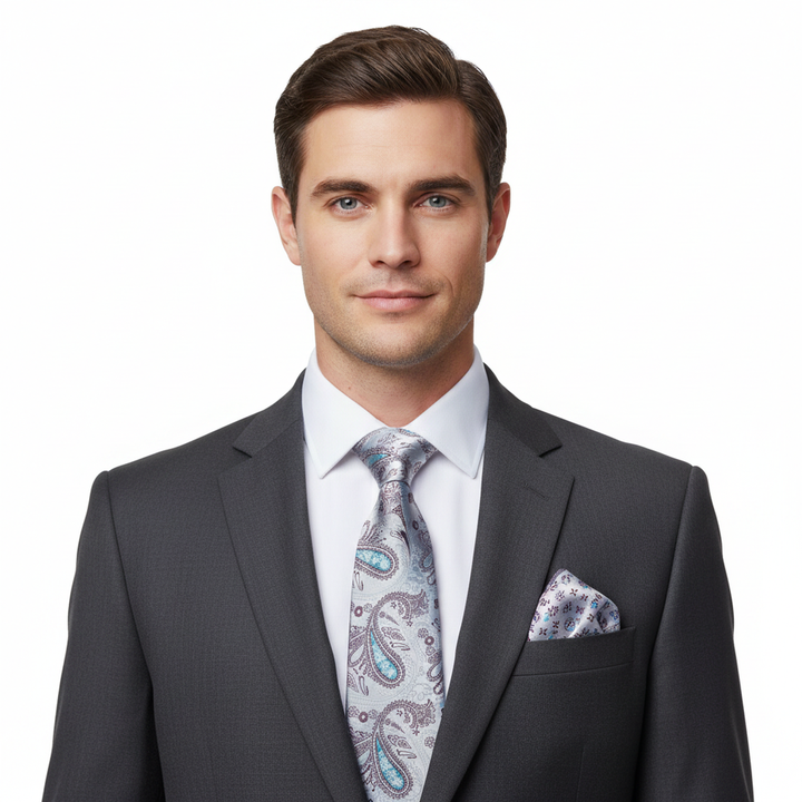 Men's Grey and Blue Paisley Necktie Set with Cufflinks and Pocket Square
