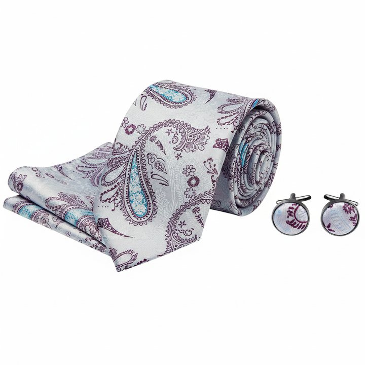 Men's Grey and Blue Paisley Necktie Set with Cufflinks and Pocket Square