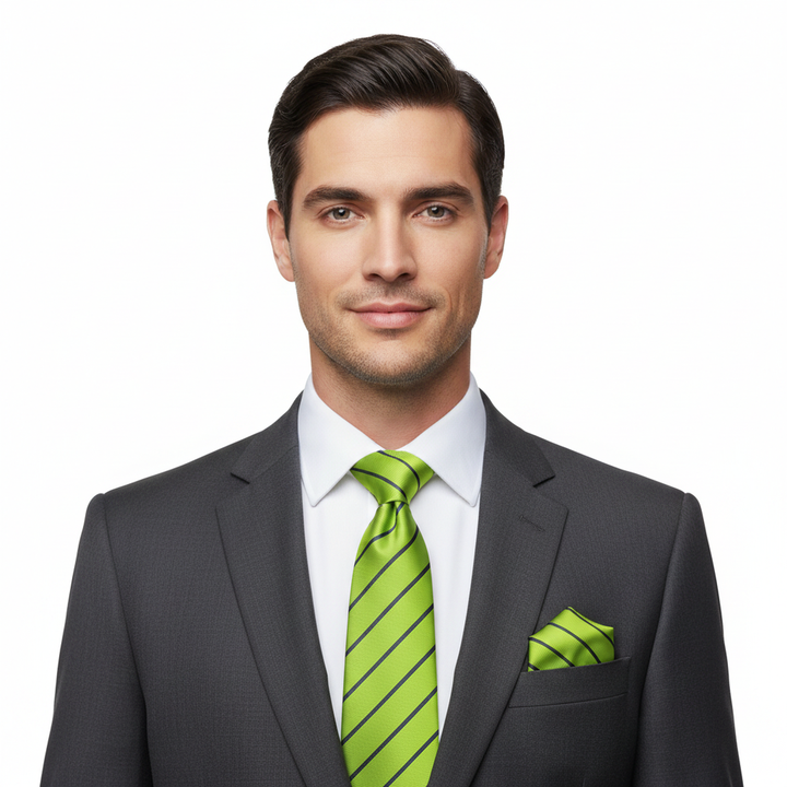 Men's Lime Green and Grey Striped Tie Set with Cufflinks and Pocket Square