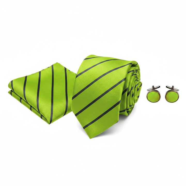 Men's Lime Green and Grey Striped Tie Set with Cufflinks and Pocket Square