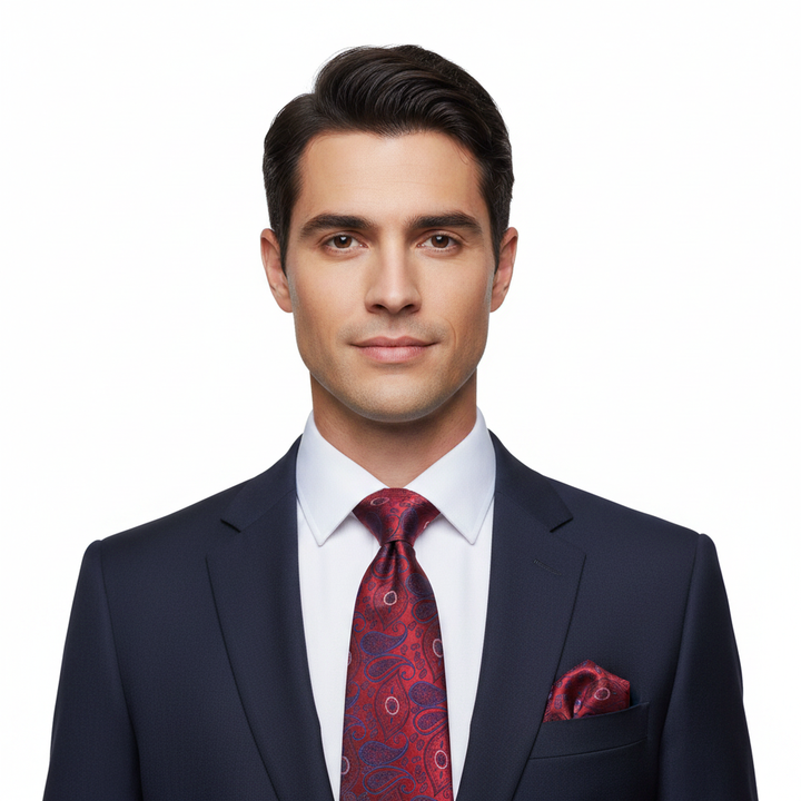 Men's Navy and Red Paisley Tie Set with Cufflinks and Pocket Square