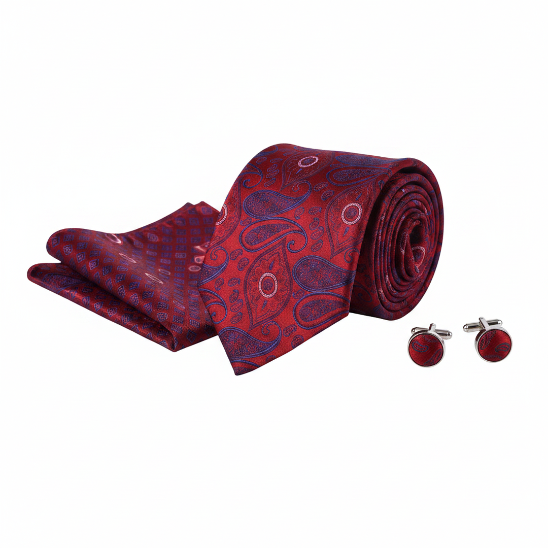Men's Navy and Red Paisley Tie Set with Cufflinks and Pocket Square
