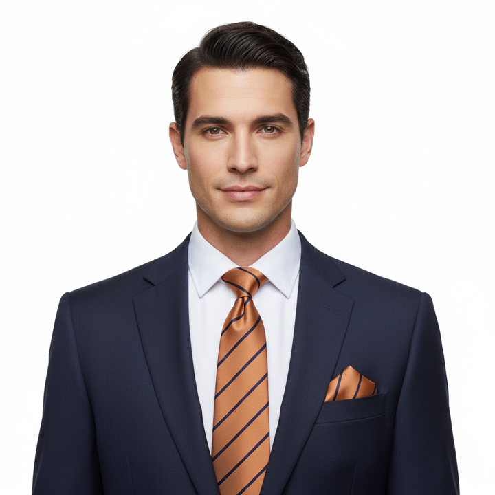 Men's Orange and Purple Striped Tie Set with Cufflinks and Pocket Square