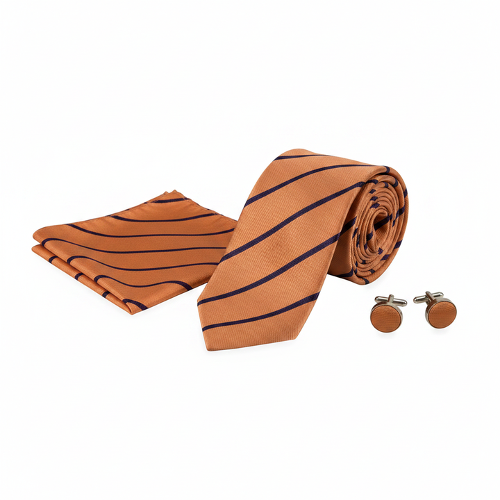 Men's Orange and Purple Striped Tie Set with Cufflinks and Pocket Square