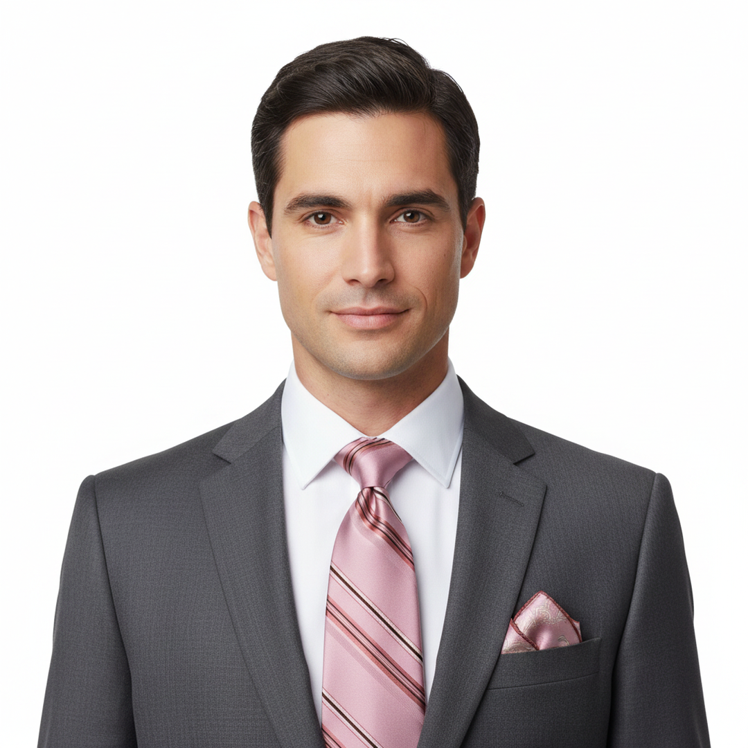 Men's Pink and Brown Striped Tie Set with Cufflinks and Pocket Square