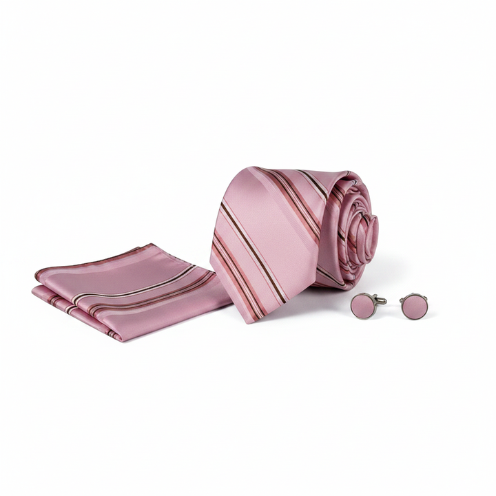 Men's Pink and Brown Striped Tie Set with Cufflinks and Pocket Square