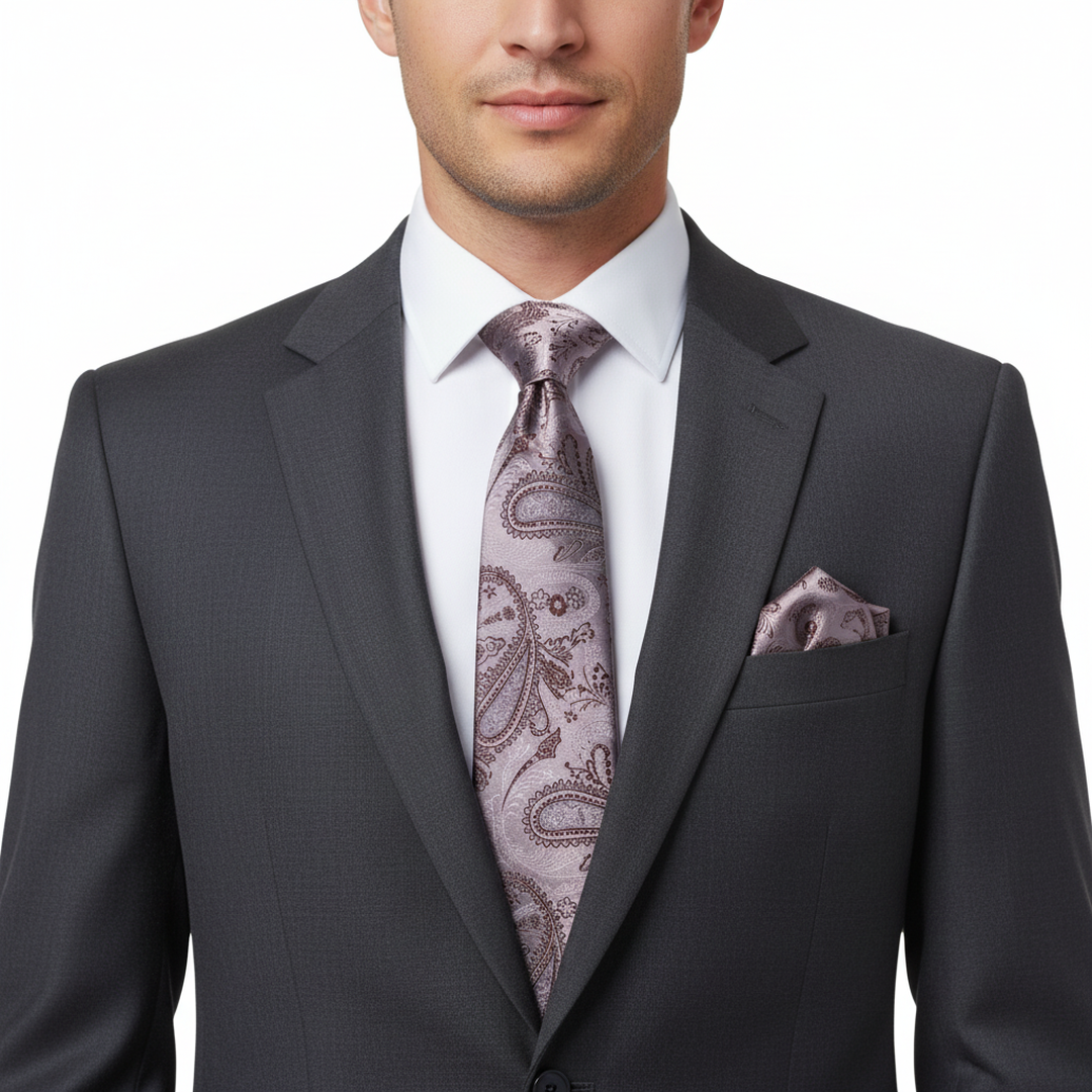 Men's Pink and Red Paisley Tie Set with Cufflinks and Pocket Square