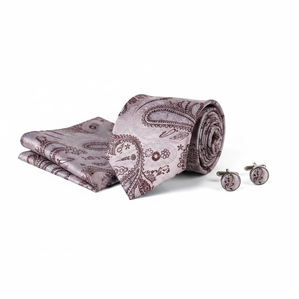 Men's Pink and Red Paisley Tie Set with Cufflinks and Pocket Square