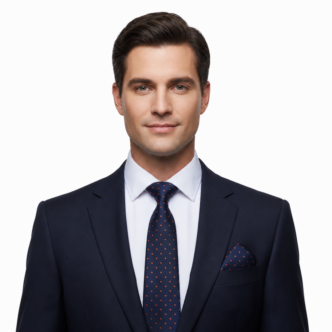 Men's Polka Dot Navy and Orange Tie Set with Cufflinks and Pocket Square