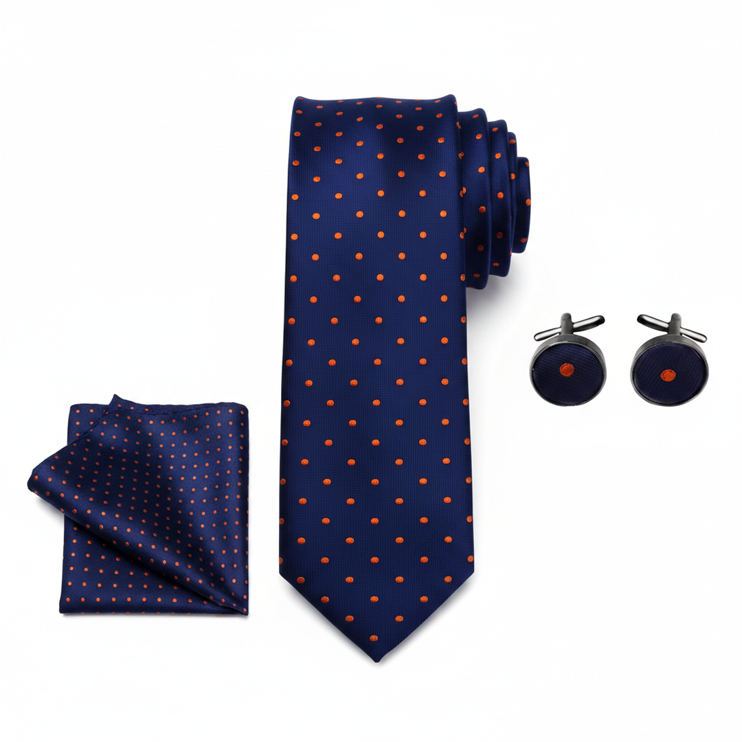 Men's Polka Dot Navy and Orange Tie Set with Cufflinks and Pocket Square