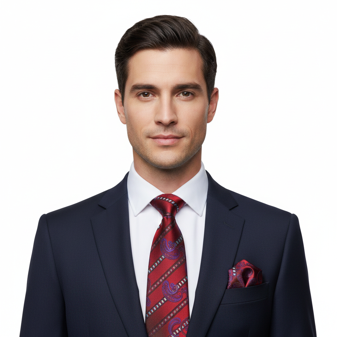 Men's Purple and Red Paisley Tie Set with Cufflinks and Pocket Square