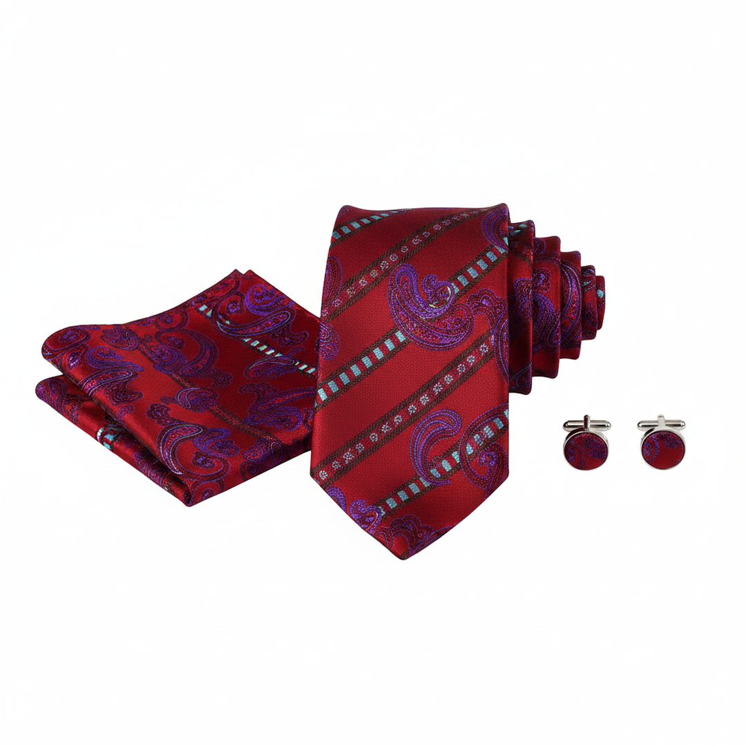 Men's Purple and Red Paisley Tie Set with Cufflinks and Pocket Square