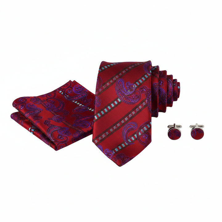 Men's Purple and Red Paisley Tie Set with Cufflinks and Pocket Square