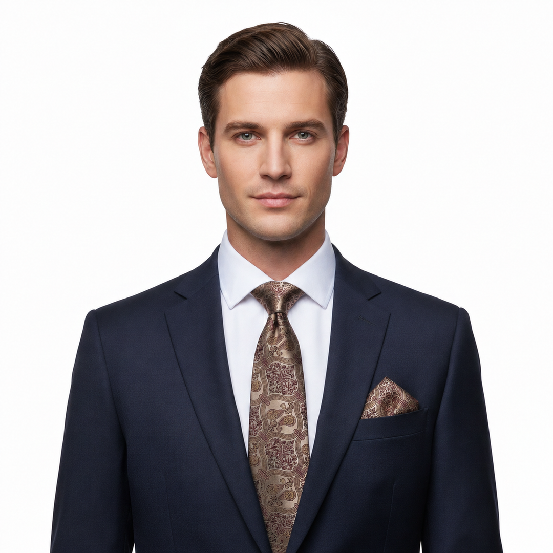 Men's Red and Beige Paisley Tie Set with Cufflinks and Pocket Square
