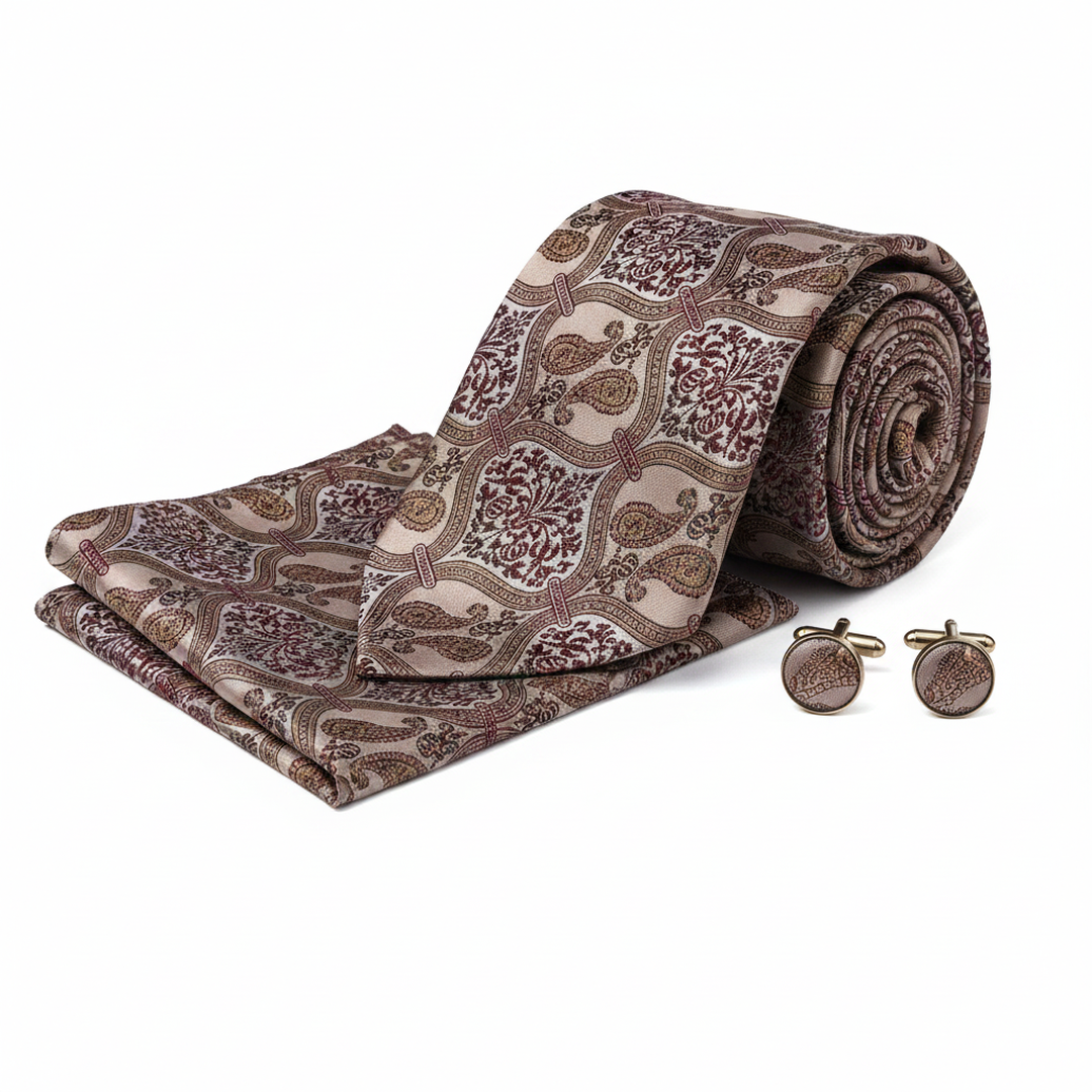 Men's Red and Beige Paisley Tie Set with Cufflinks and Pocket Square