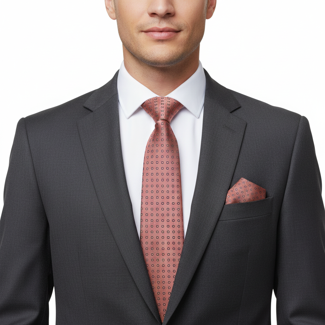 Men's Salmon Polka Dot Tie Set with Cufflinks and Pocket Square