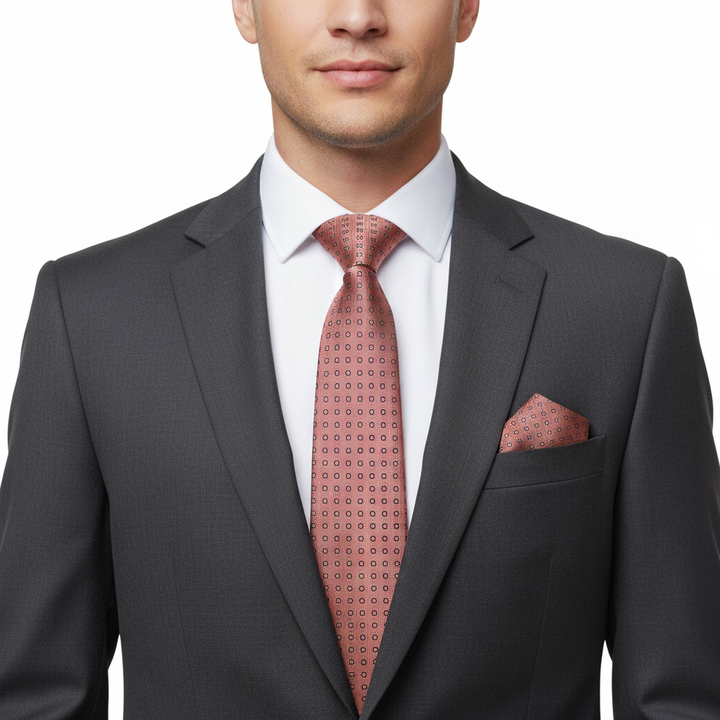 Men's Salmon Polka Dot Tie Set with Cufflinks and Pocket Square