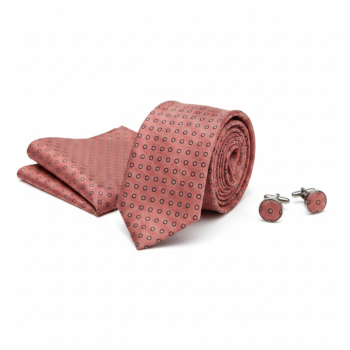 Men's Salmon Polka Dot Tie Set with Cufflinks and Pocket Square