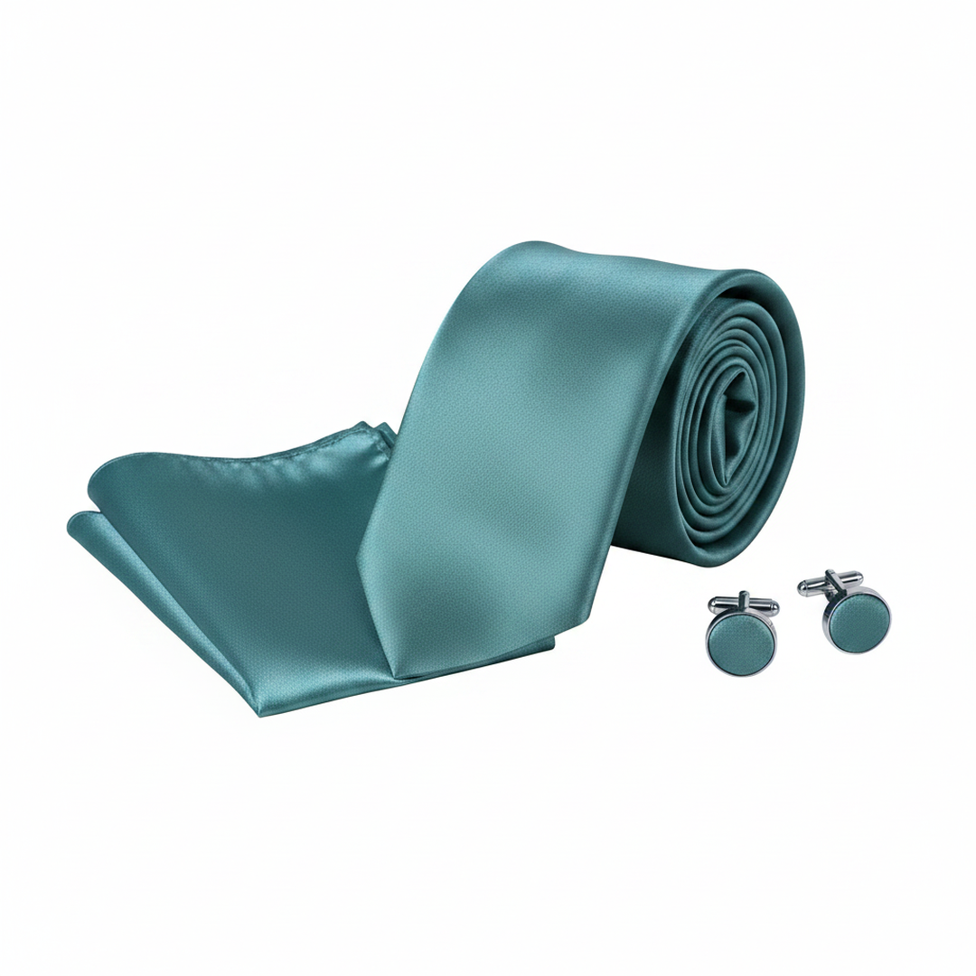 Men's Solid Azure Blue Tie Set with Cufflinks and Pocket Square