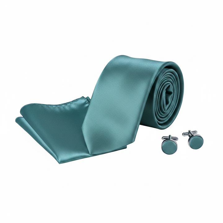 Men's Solid Azure Blue Tie Set with Cufflinks and Pocket Square
