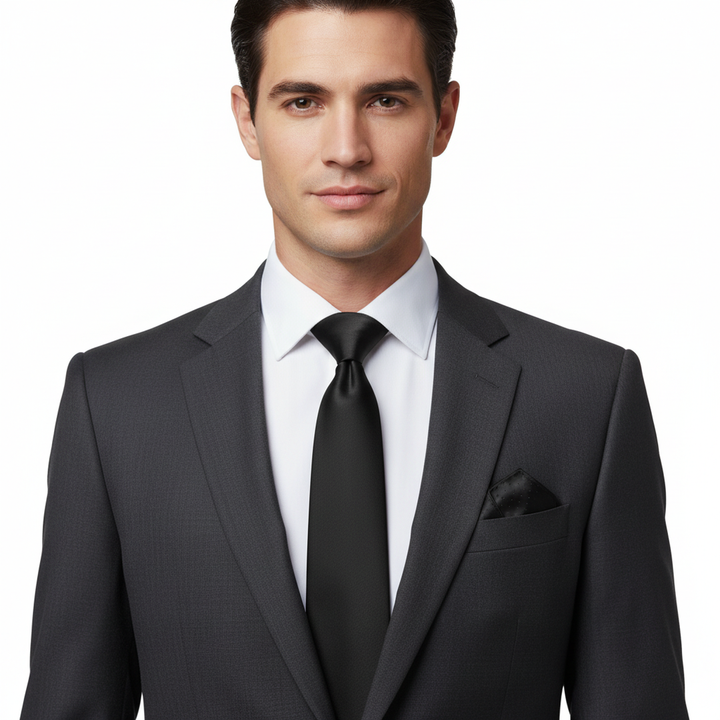 Men's Solid Black Necktie Set with Cufflinks and Pocket Square