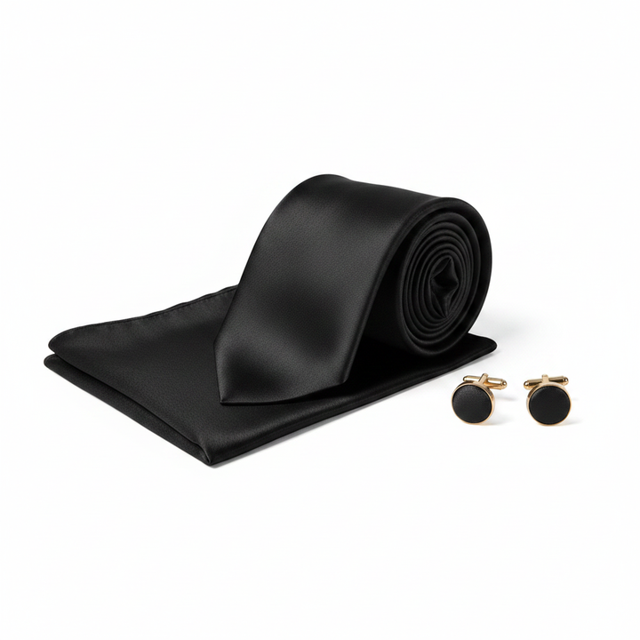 Men's Solid Black Necktie Set with Cufflinks and Pocket Square