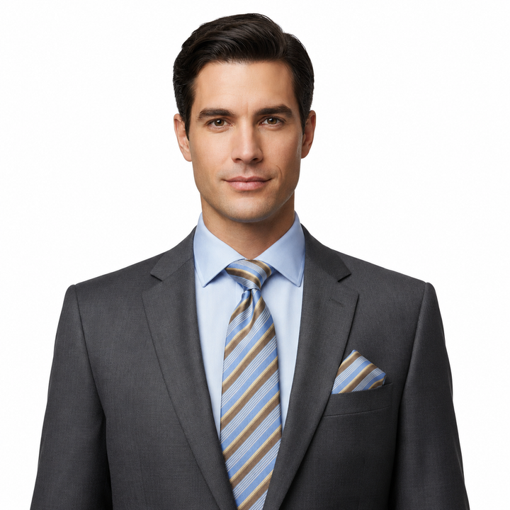 Men's Tan and Blue Striped Tie Set with Cufflinks and Pocket Square