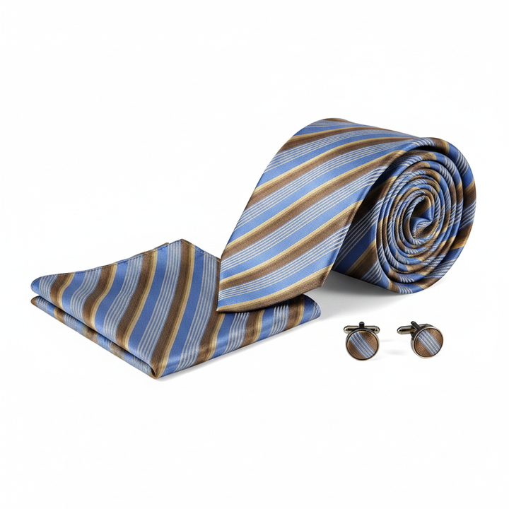 Men's Tan and Blue Striped Tie Set with Cufflinks and Pocket Square