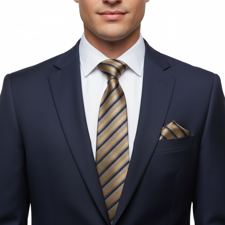 Men's Tan and Grey Striped Tie Set with Cufflinks and Pocket Square