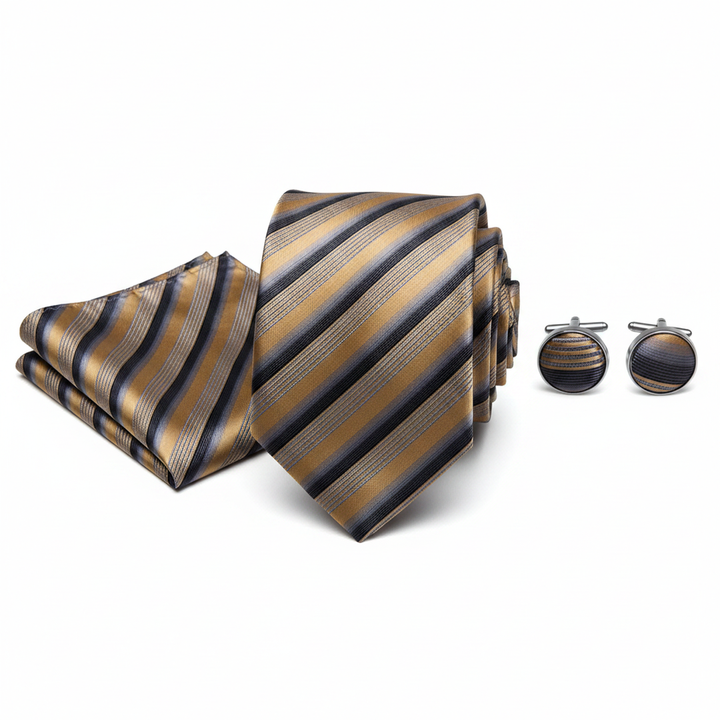 Men's Tan and Grey Striped Tie Set with Cufflinks and Pocket Square