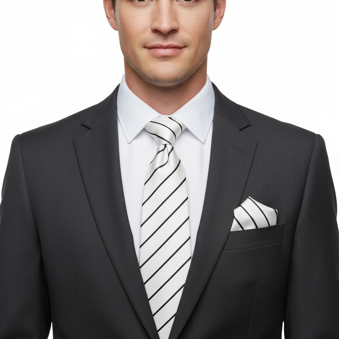 Men's White and Black Striped Tie Set with Cufflinks and Pocket Square