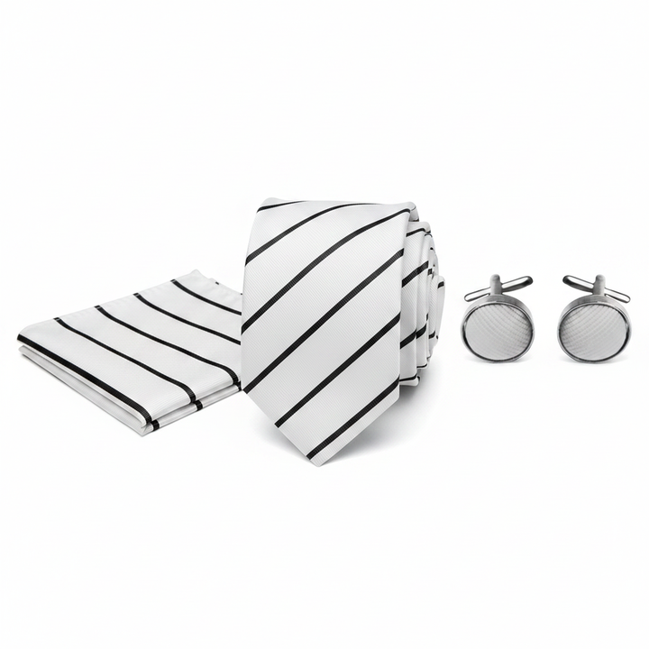 Men's White and Black Striped Tie Set with Cufflinks and Pocket Square