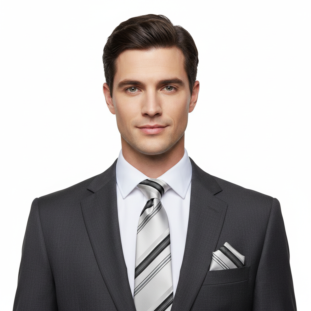 Men's White and Grey Striped Tie Set with Cufflinks and Pocket Square