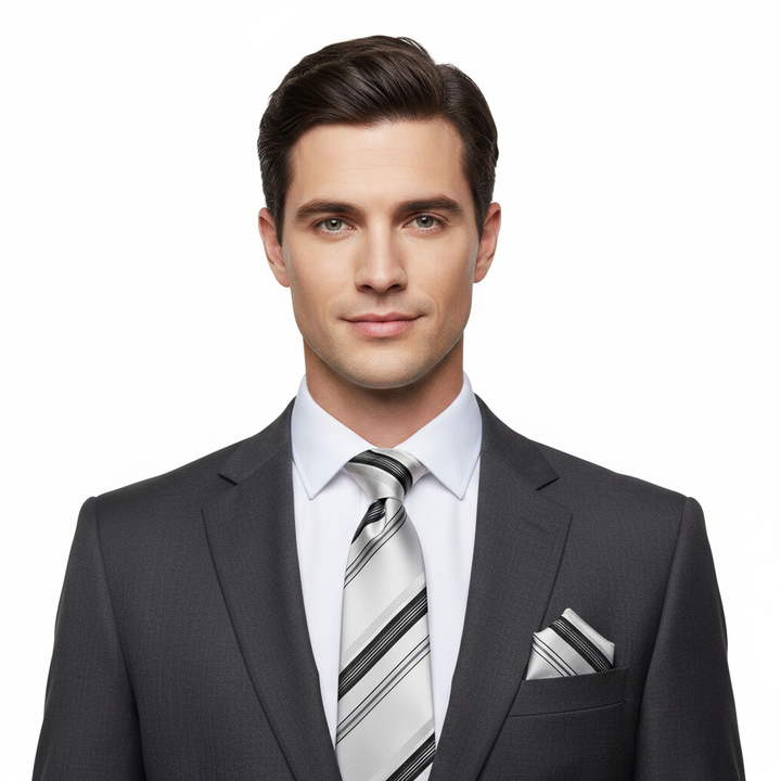 Men's White and Grey Striped Tie Set with Cufflinks and Pocket Square