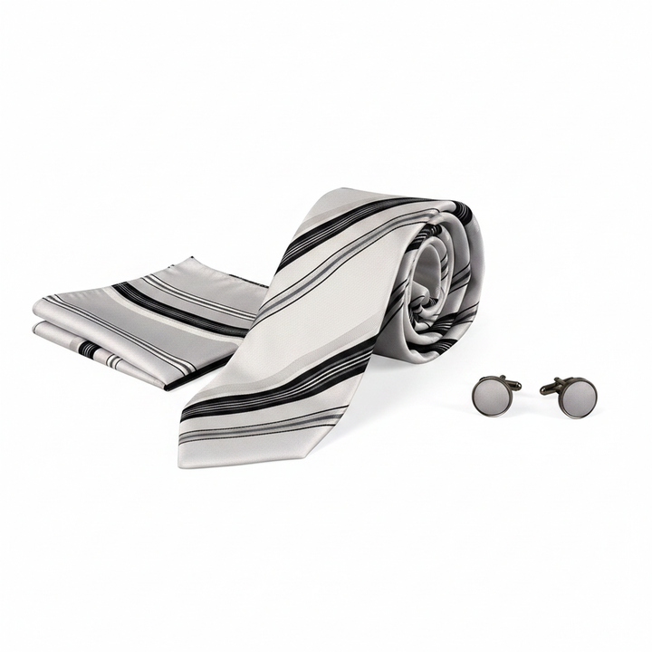 Men's White and Grey Striped Tie Set with Cufflinks and Pocket Square