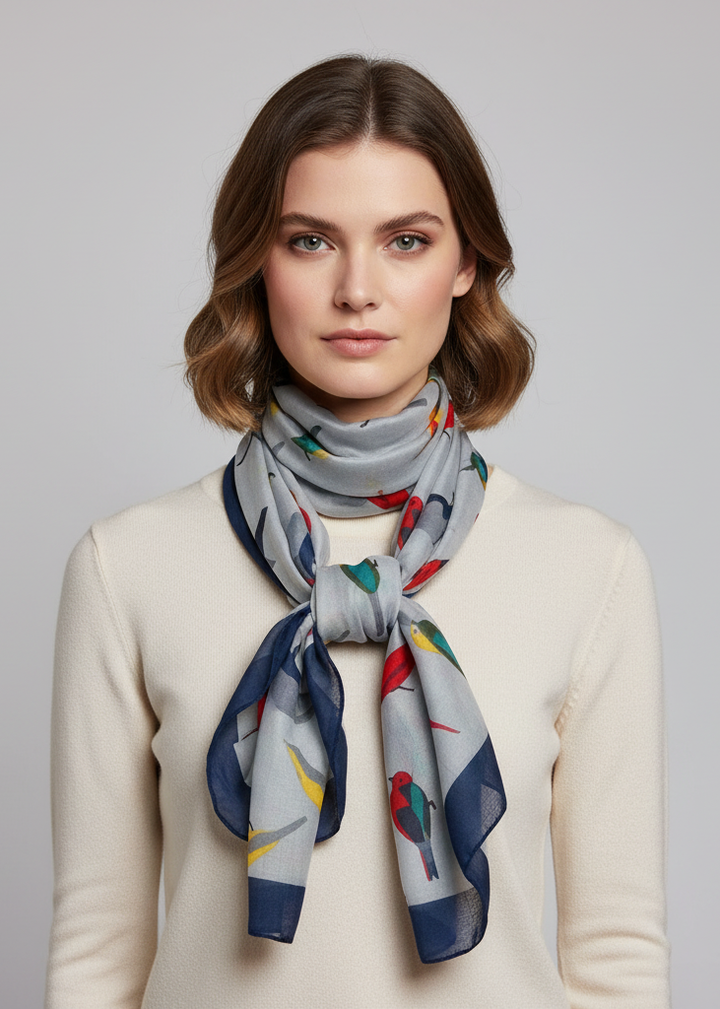 Lightweight bird print graphic design scarf in multicolor for summer and fall fashion